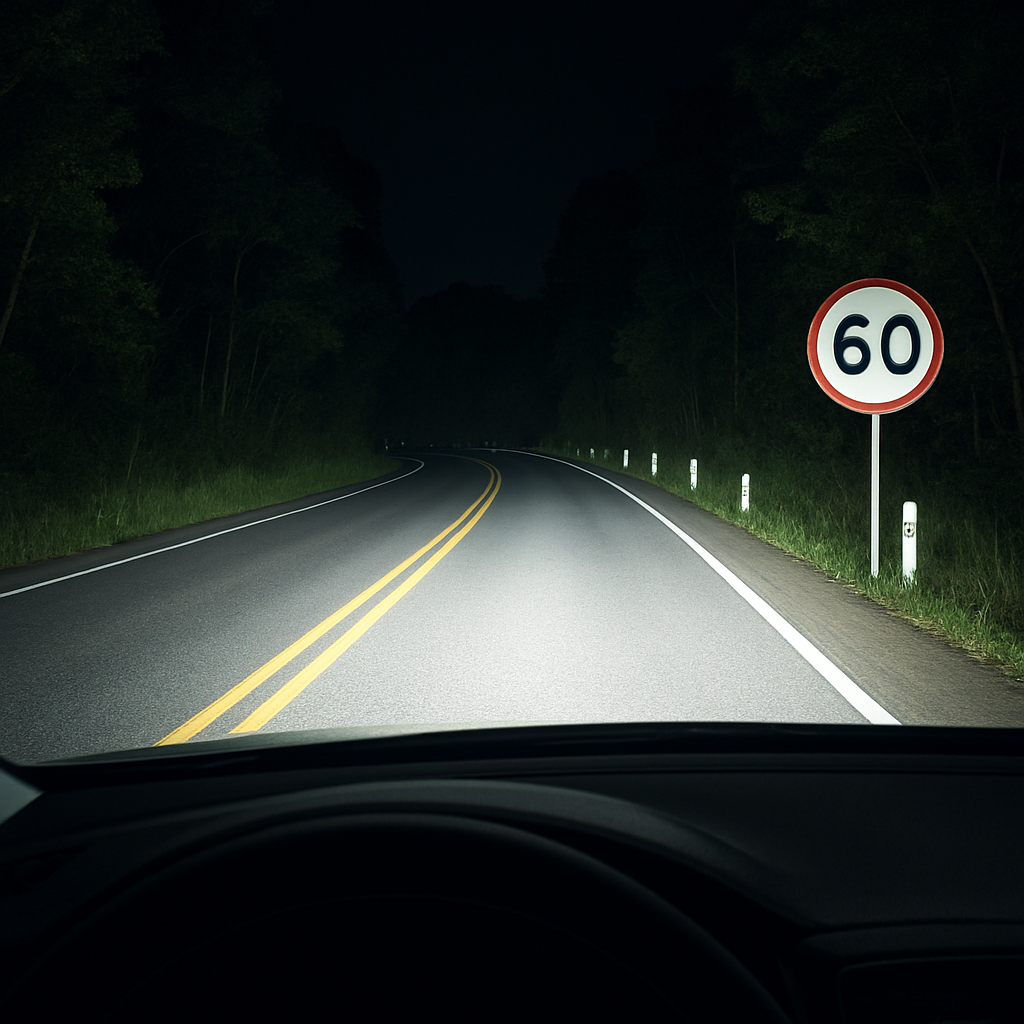 Iluminação LED branca com maior alcance e reflexo nas placas à noite